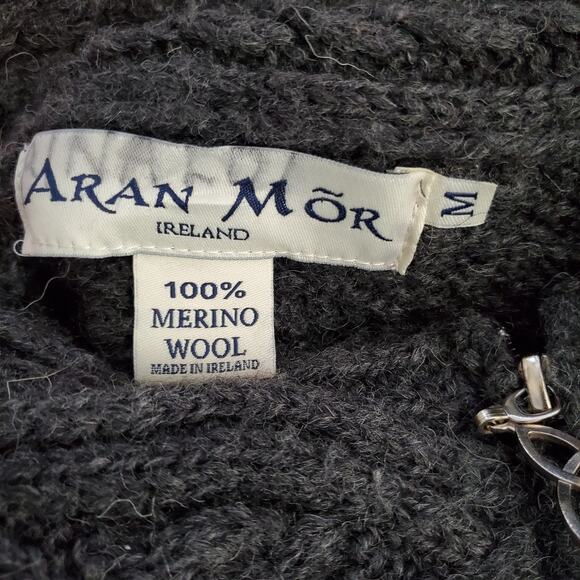Aran Mor 100% Merino Wool Full Zip Cable Knit Sweater Gray Ireland Size Medium - Picture 8 of 11